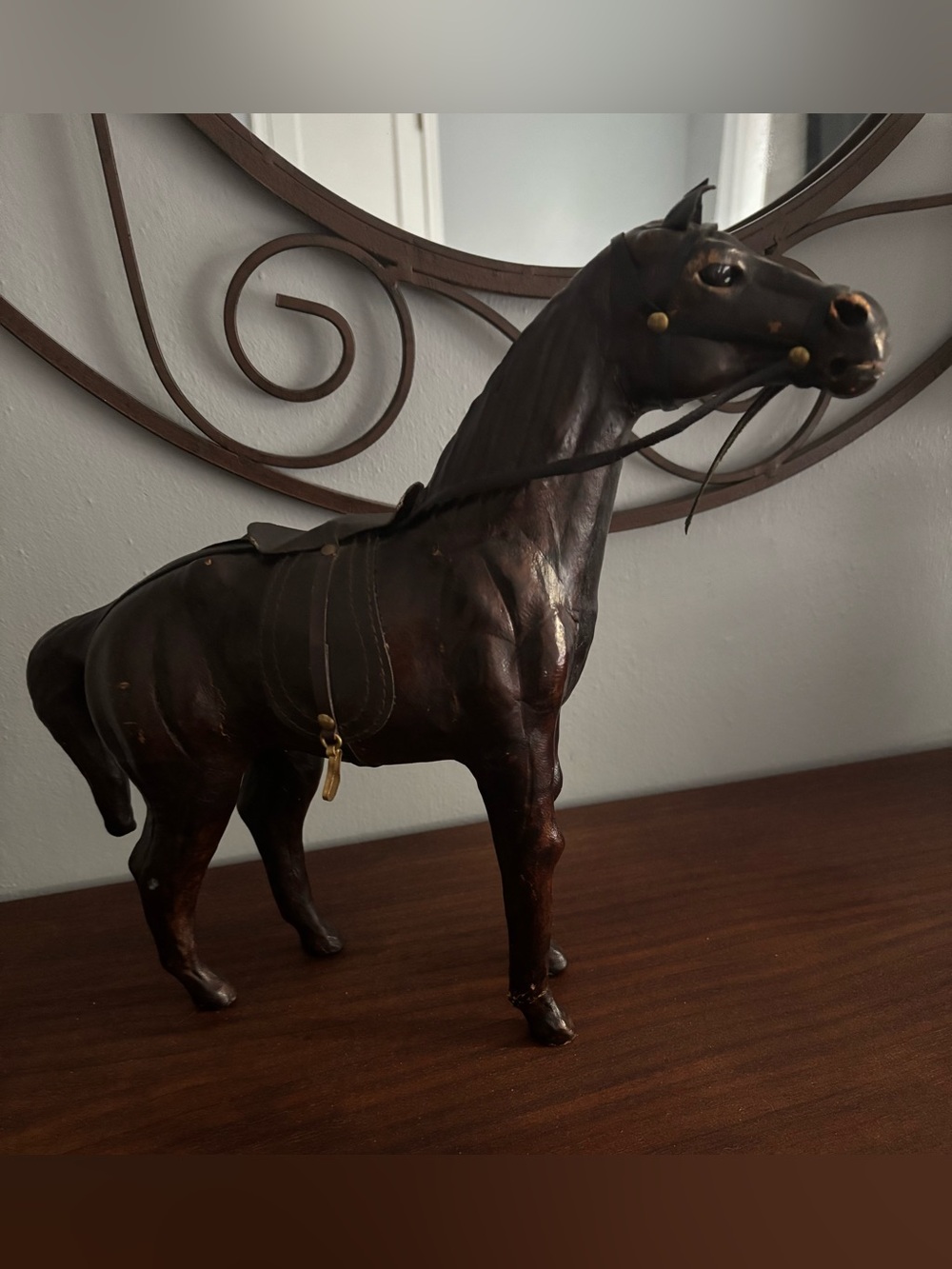 Mid 20th Century Aged Leather Wrapped Horse. Handcrafted. 14” Equestrian